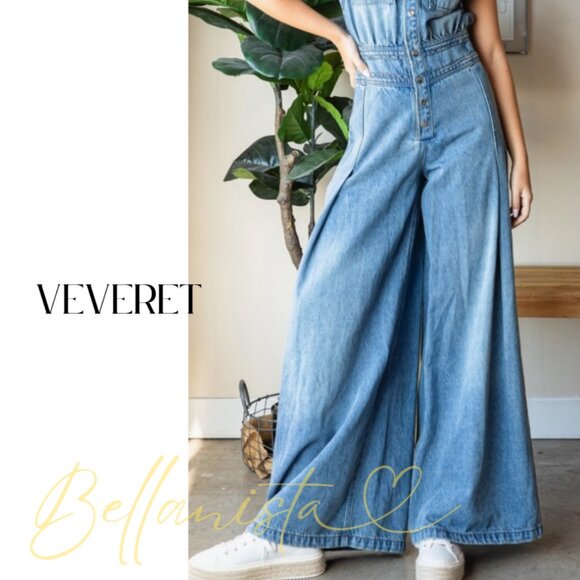 J777 VEVERET Denim Button Up Snap Wide Leg Sleeveless Jumpsuit - Picture 2 of 3